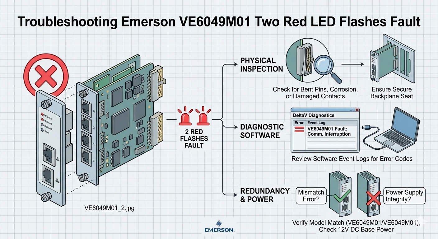 Troubleshooting Emerson VE6049M01 Two Red LED Flashes Fault